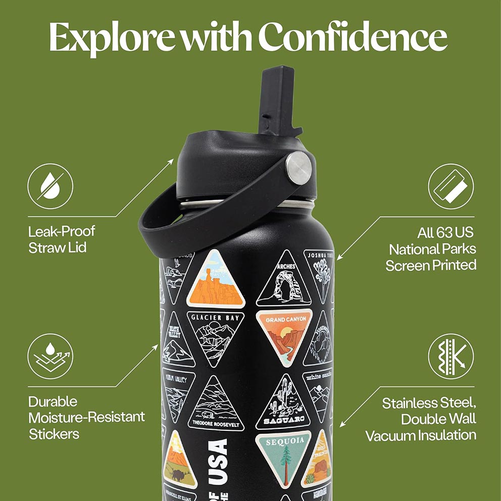 Original National Parks of the USA Bucket List Travel Water Bottle with Waterproof Stickers & Straw